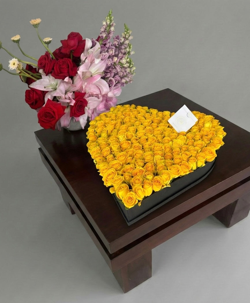 Caja corazón de lujo 200 rosas Amarillas